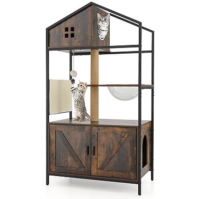 Gymax Cat Tree w/ Litter Box Enclosure w/ Hidden Washroom Scratching Posts & Pad