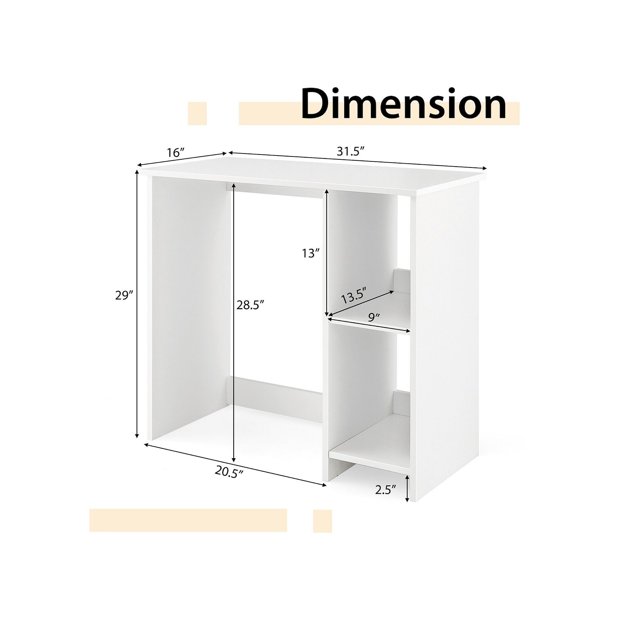 Desk dimension diagram showing 31.5-inch width and 29-inch height