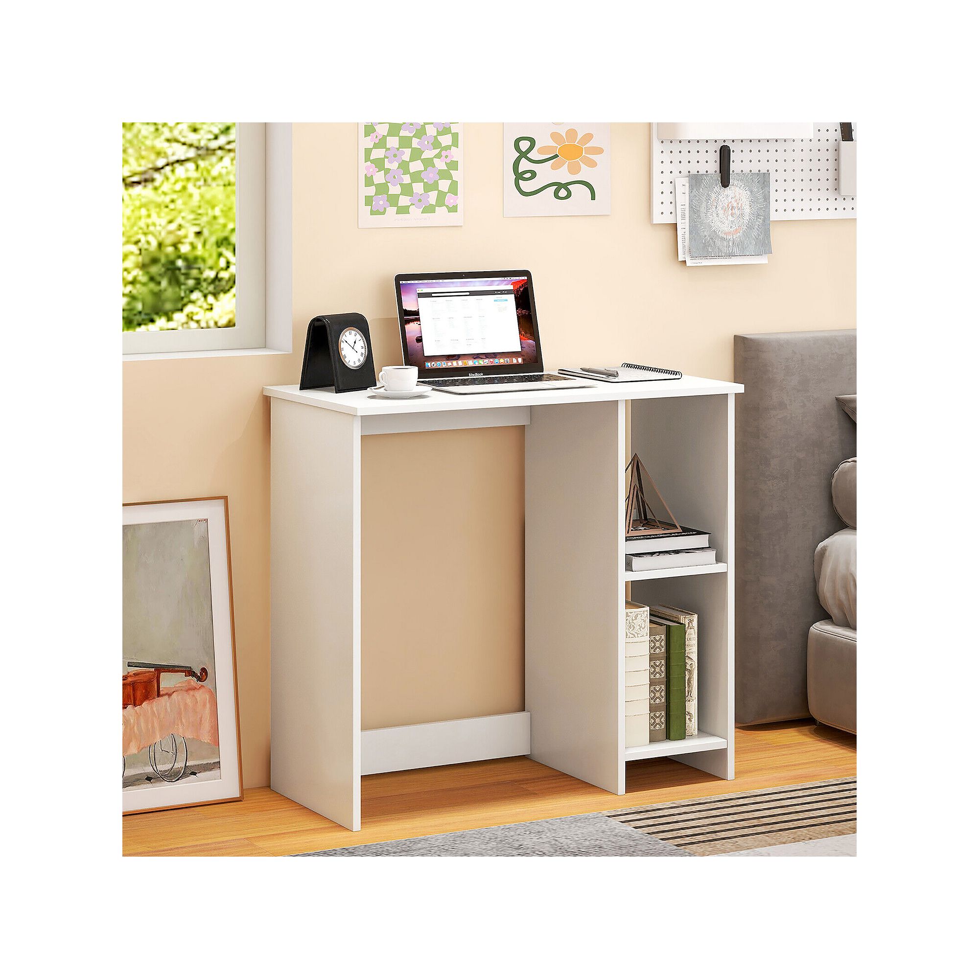 White compact computer desk with side shelf compartment in home office