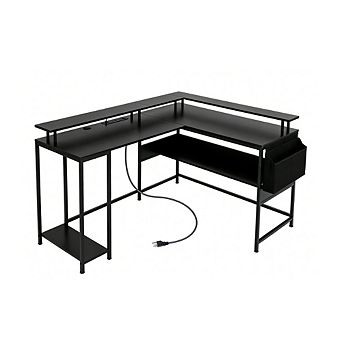 Gymax L-Shaped Gaming Desk w/ LED Lights & Power Outlets Monitor Stand Fabric Bag