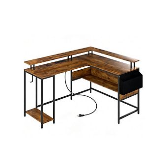 Gymax L-Shaped Gaming Desk w/ LED Lights & Power Outlets Monitor Stand Fabric Bag