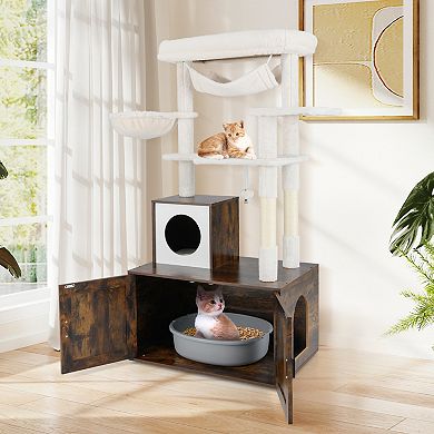 Gymax Cat Tree w/ Litter Box Enclosure w/ Hidden Washroom Scratching Posts