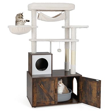 Gymax Cat Tree w/ Litter Box Enclosure w/ Hidden Washroom Scratching Posts