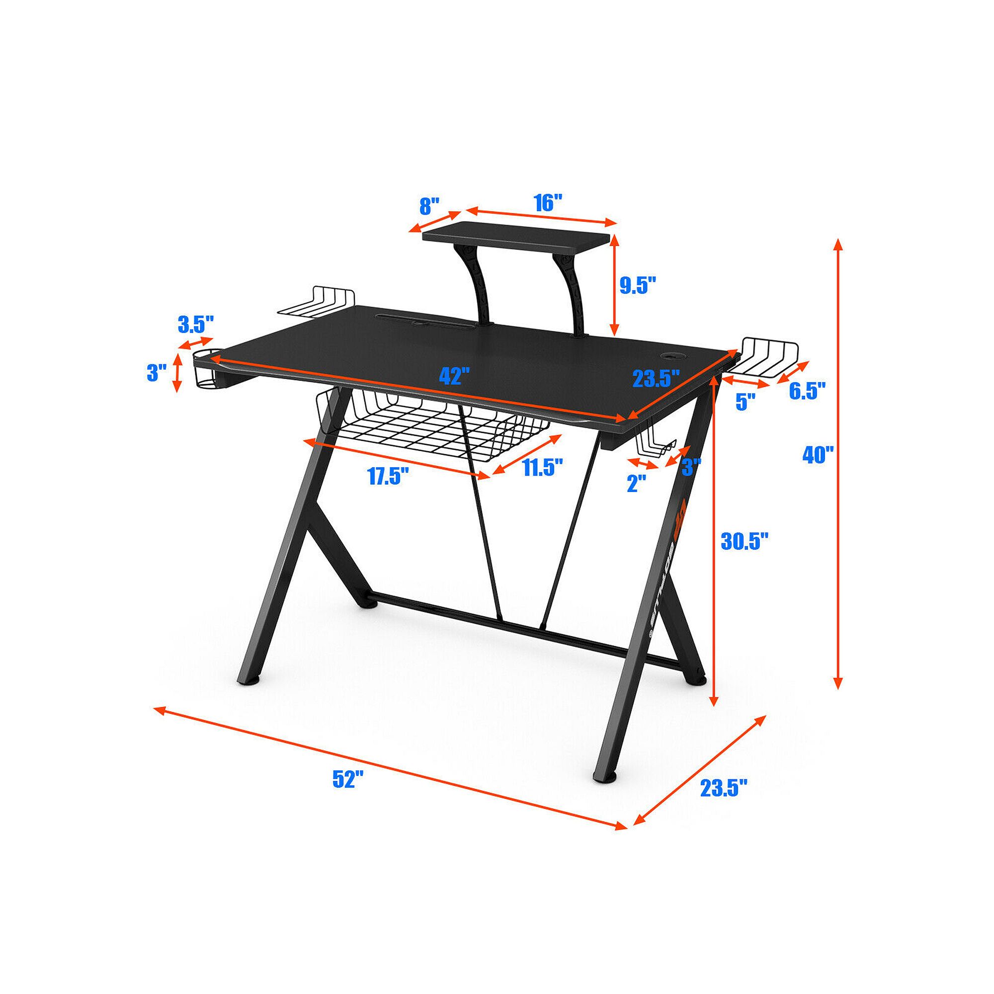 Gaming desk dimensions diagram, black tabletop and wire shelf