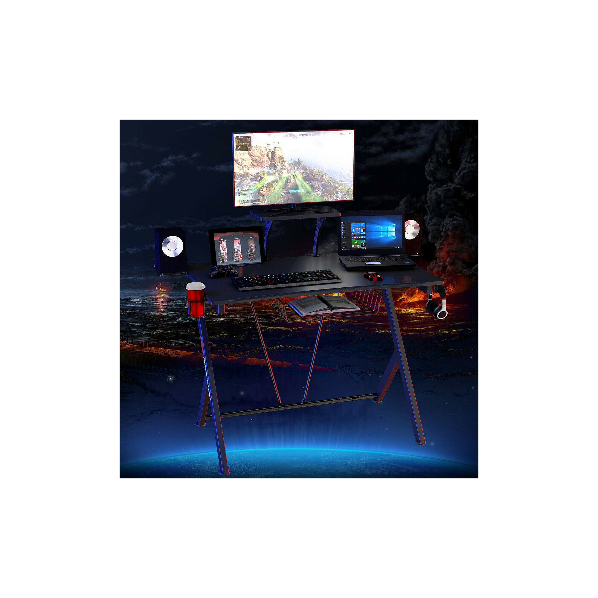 Black gaming desk with dual monitors, wire shelf, headphone hook and cup holder