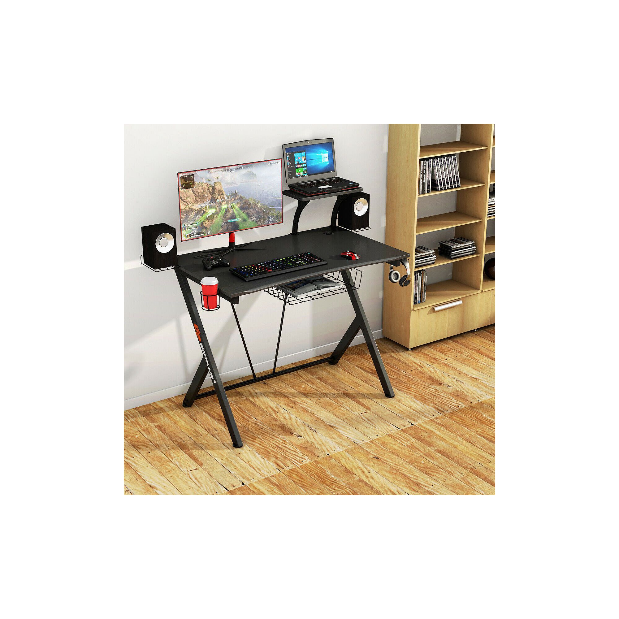 Gaming desk with monitors, black frame, wire shelf, headphone hook and cup holder