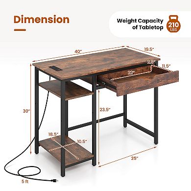 Gymax 40'' Computer Desk w/ Charging Station Drawer & Adjustable Shelf Headphone Hooks