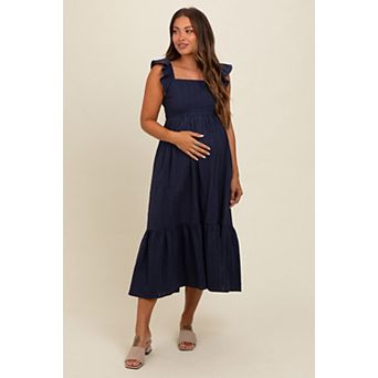 Maternity Blue Textured Cotton Ruffle Strap Midi Dress