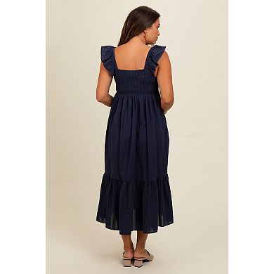 Maternity Blue Textured Cotton Ruffle Strap Midi Dress