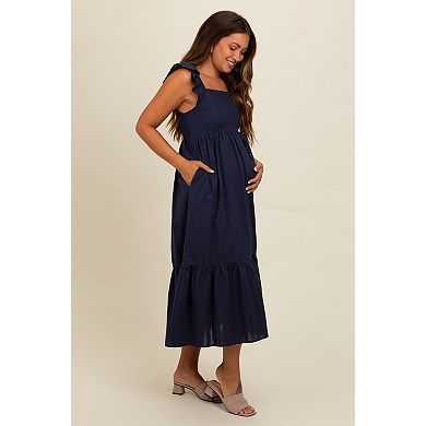 Maternity Blue Textured Cotton Ruffle Strap Midi Dress