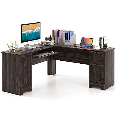 Gymax 66.5'' L Shaped Home Office Desk Corner Computer Desk Drawer Keyboard Tray