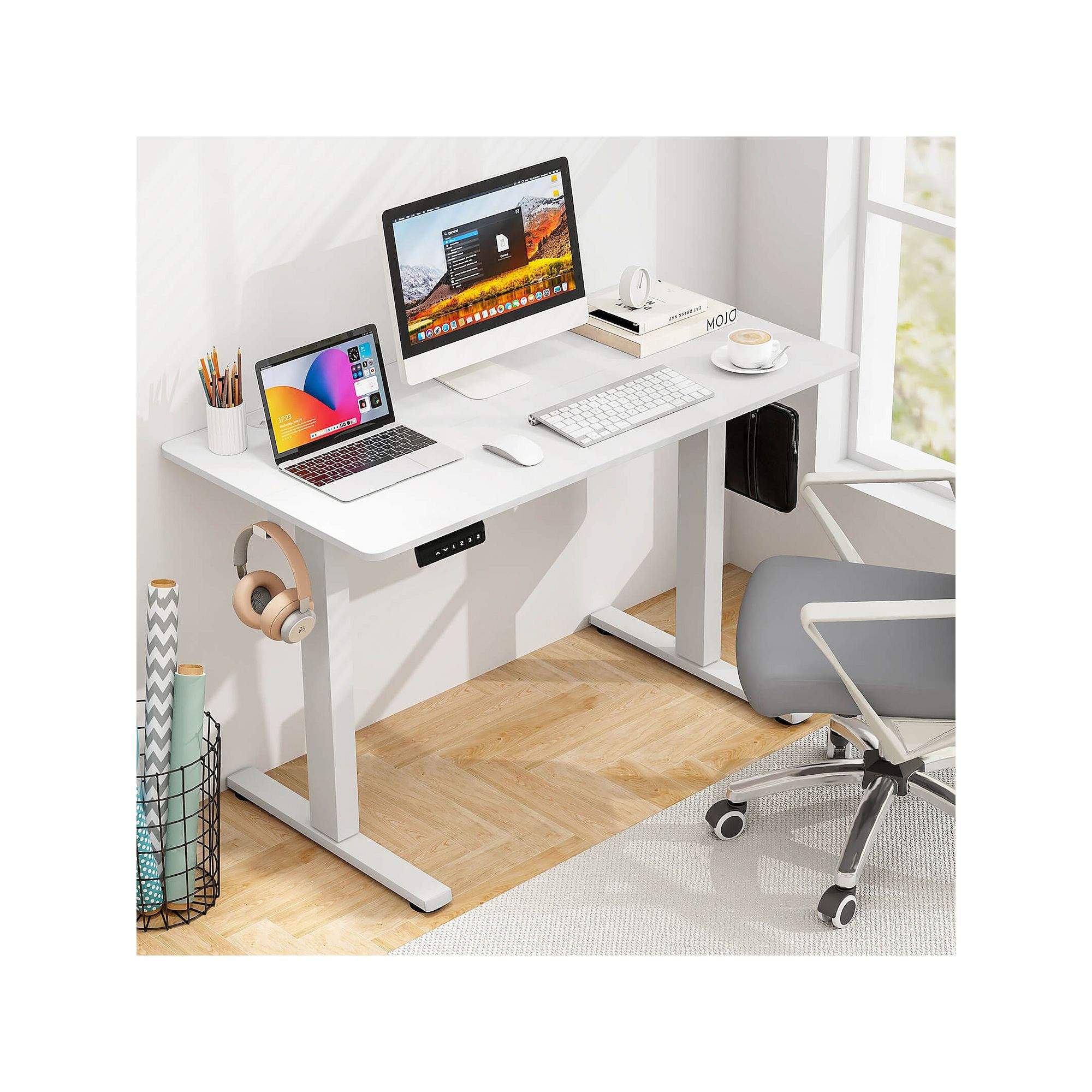 White electric standing desk with light wood top and hanging hook