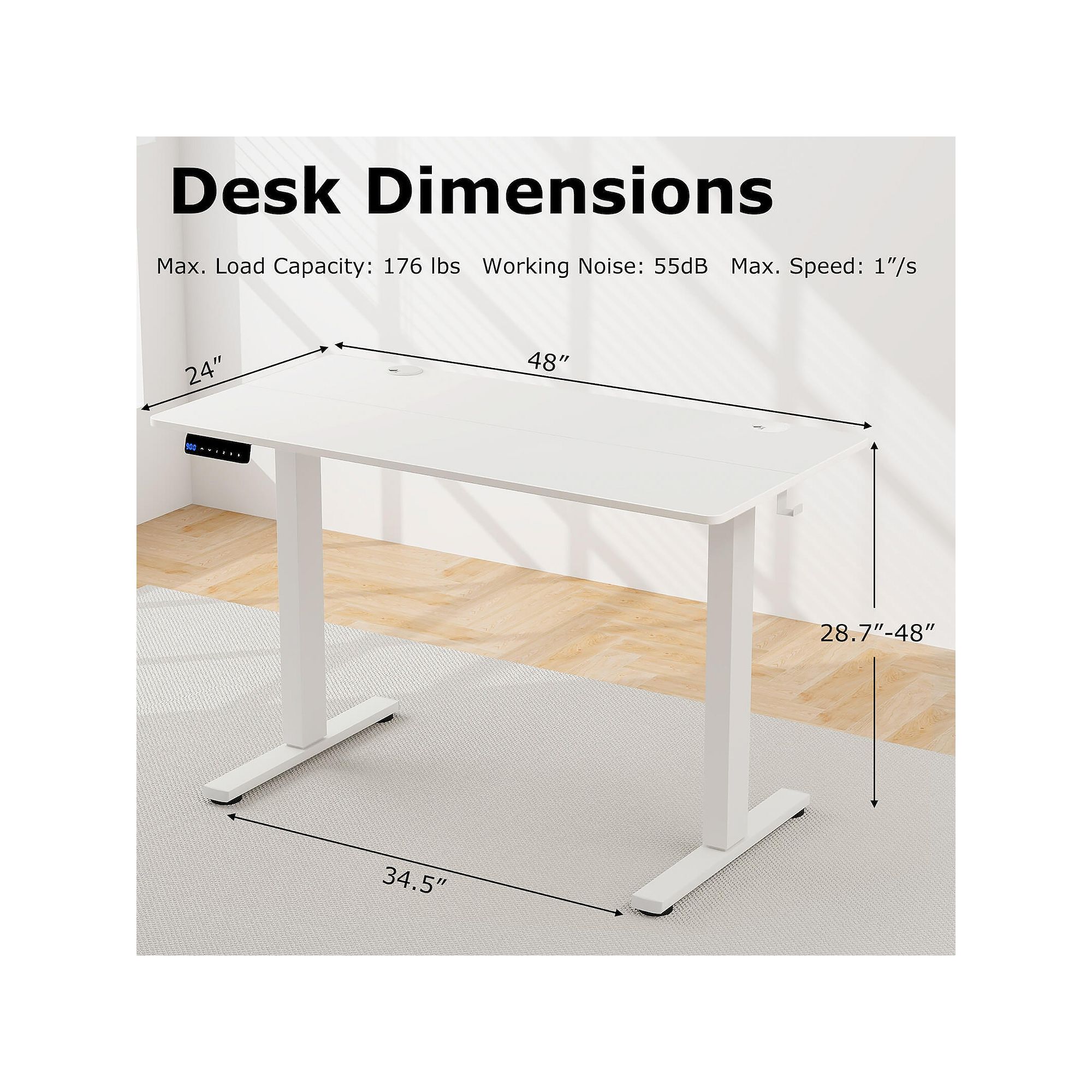 Desk dimensions diagram: 48 in wide x 24 in deep adjustable height