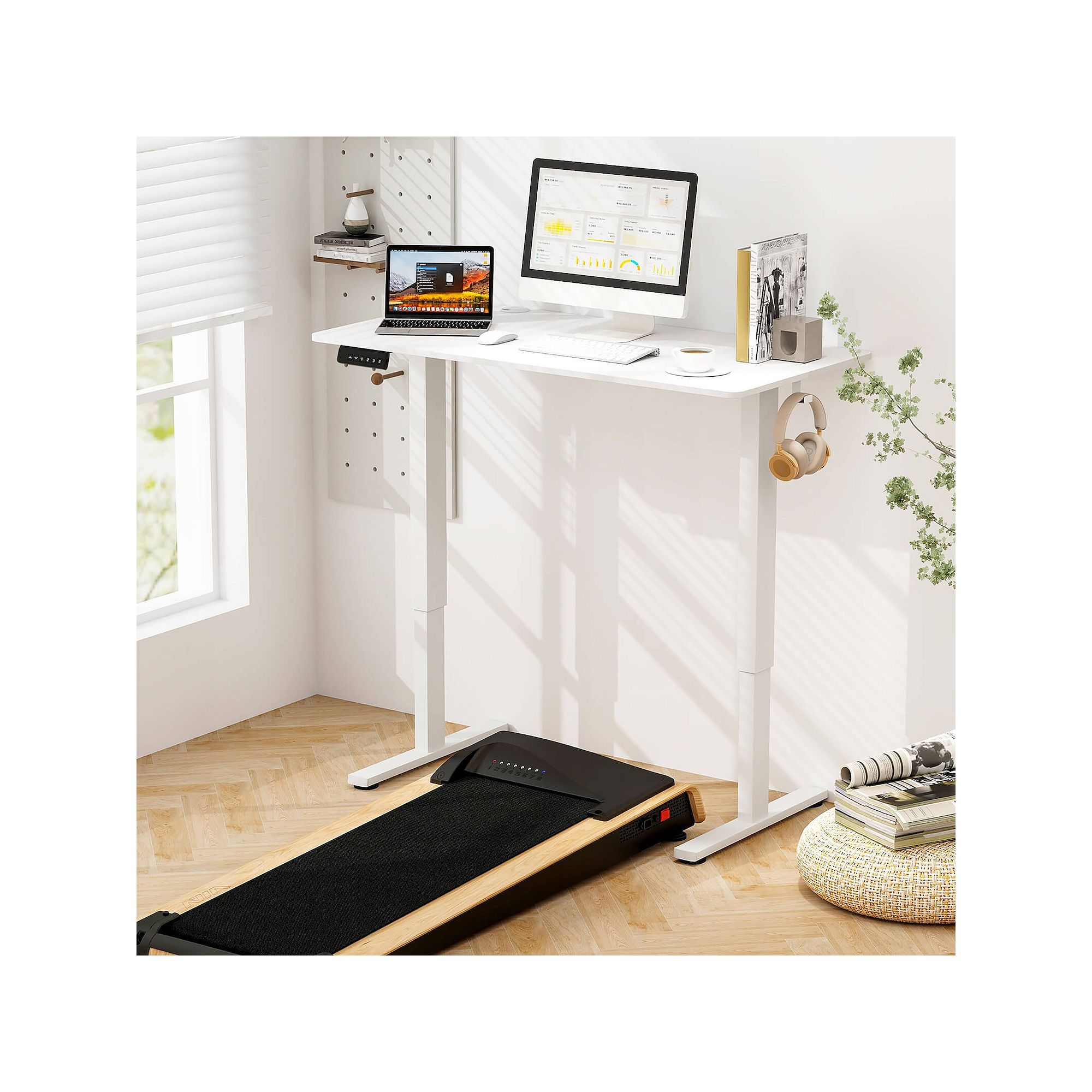 Electric standing desk with white frame and light wood top