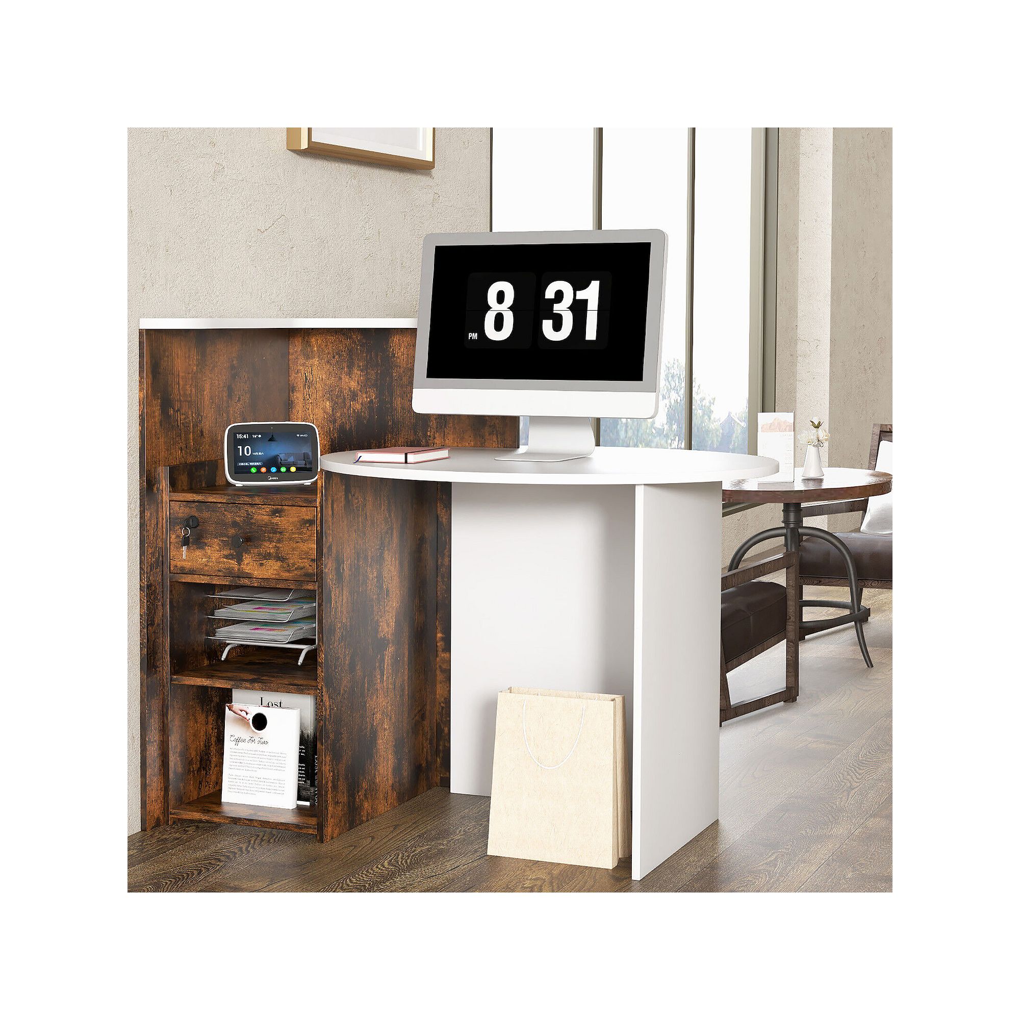 White and brown reception desk with open shelf and lockable drawer