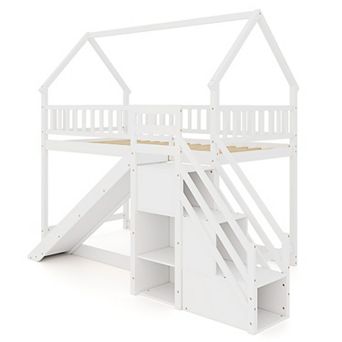 Gymax Bunk Bed w/Slide & Staircase Storage Compartments for Kids Teens