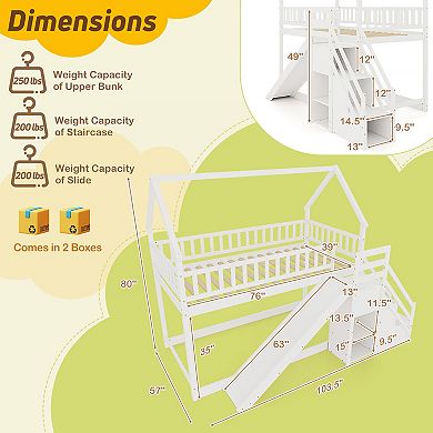 Gymax Bunk Bed w/Slide & Staircase Storage Compartments for Kids Teens