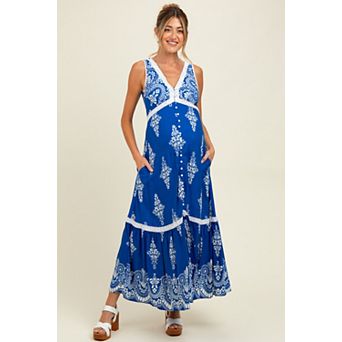 Maternity Blue Border Print Resort Maxi Dress