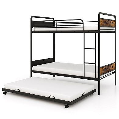 Gymax Bunk Bed w/ Trundle Industrial Metal Bunkbed Frame