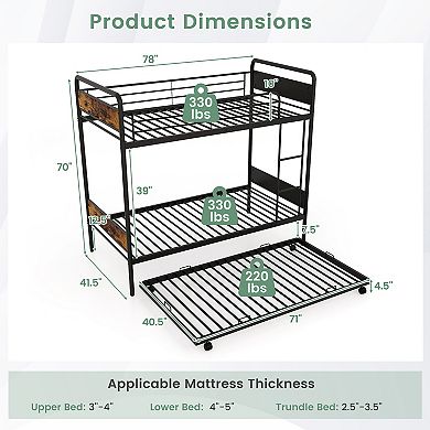 Gymax Bunk Bed w/ Trundle Industrial Metal Bunkbed Frame