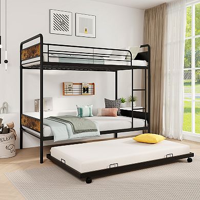 Gymax Bunk Bed w/ Trundle Industrial Metal Bunkbed Frame