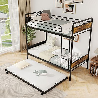 Gymax Bunk Bed w/ Trundle Industrial Metal Bunkbed Frame