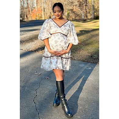 Maternity Floral Deep V-Neck Back Cutout Dress