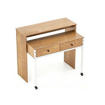 Gymax Extendable Computer Desk w/ 2 Storage Drawers & Monitor Shelf