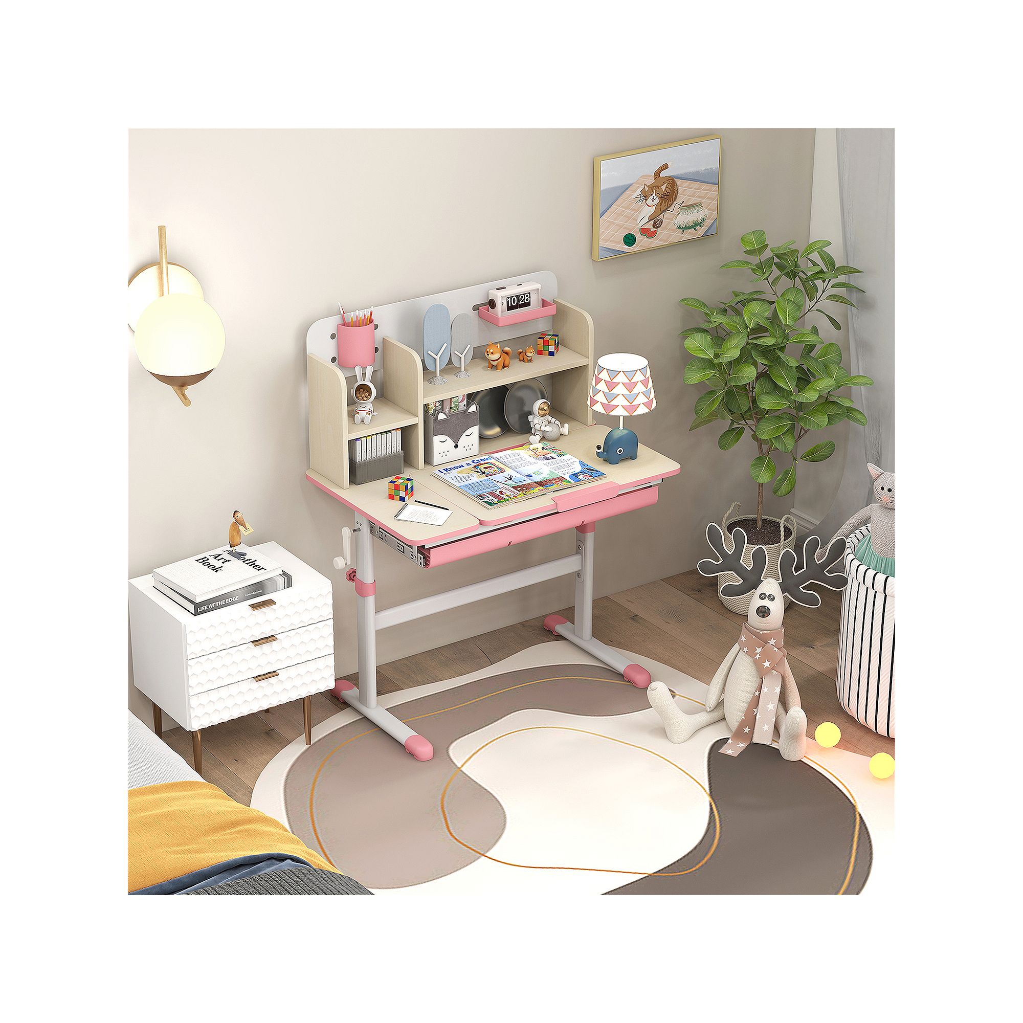 Kids multifunctional study table with tiltable book stand and storage shelves