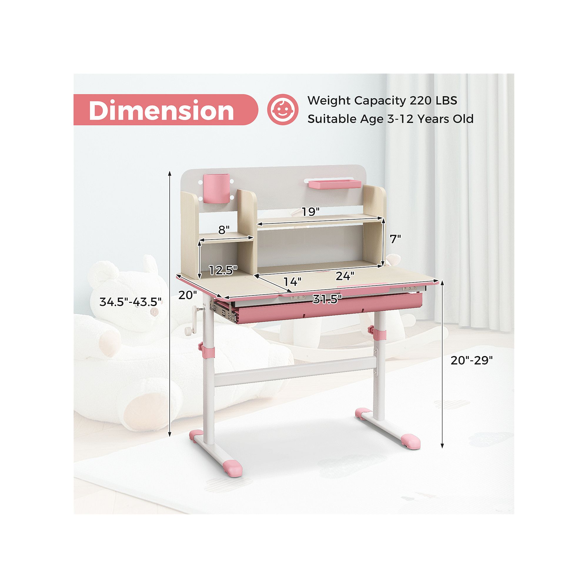 Dimension diagram of kids study table with tiltable desktop book stand