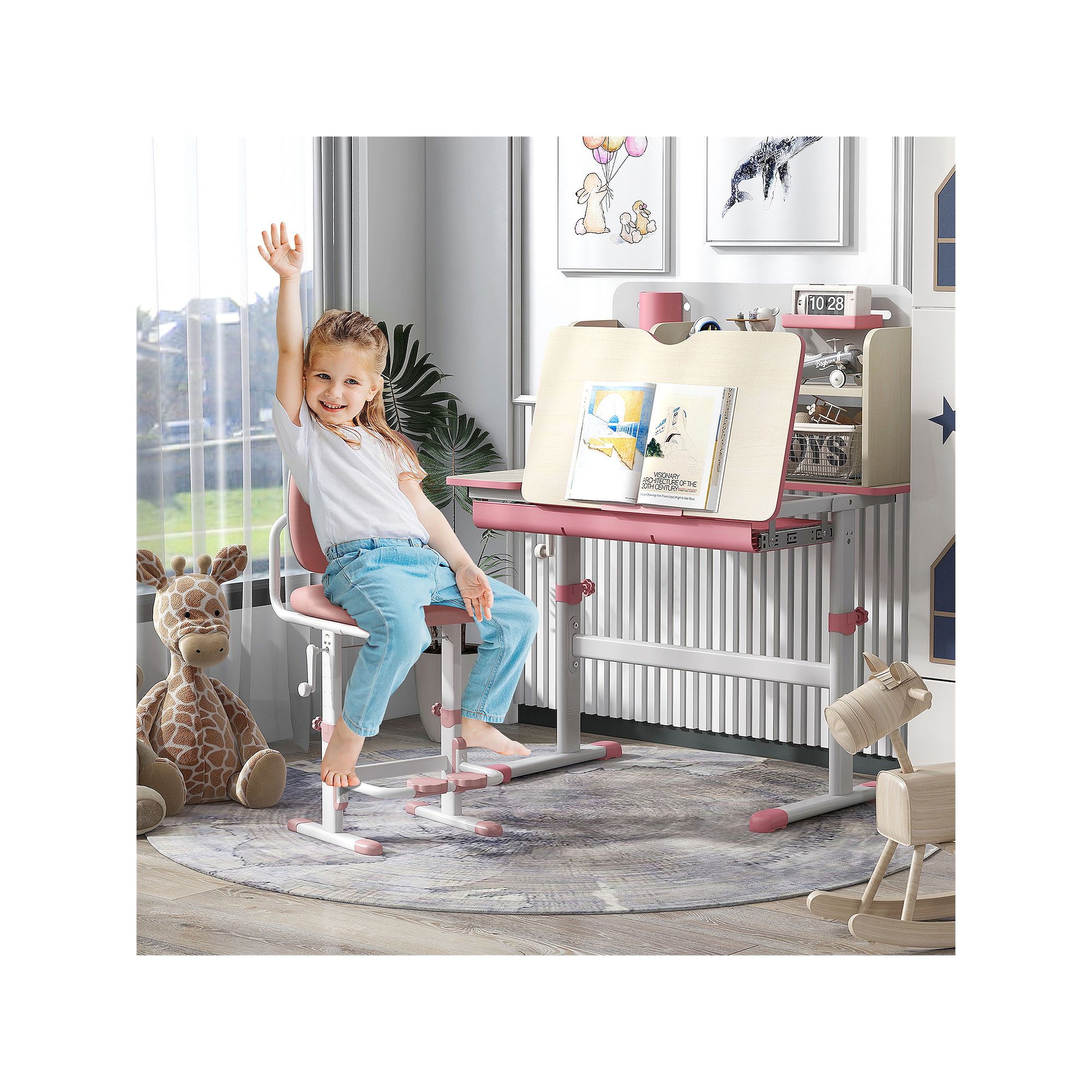 Child using kids study table with tiltable book stand and storage