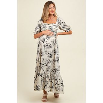 Maternity Rose Print Pleated Bodice Maxi Dress