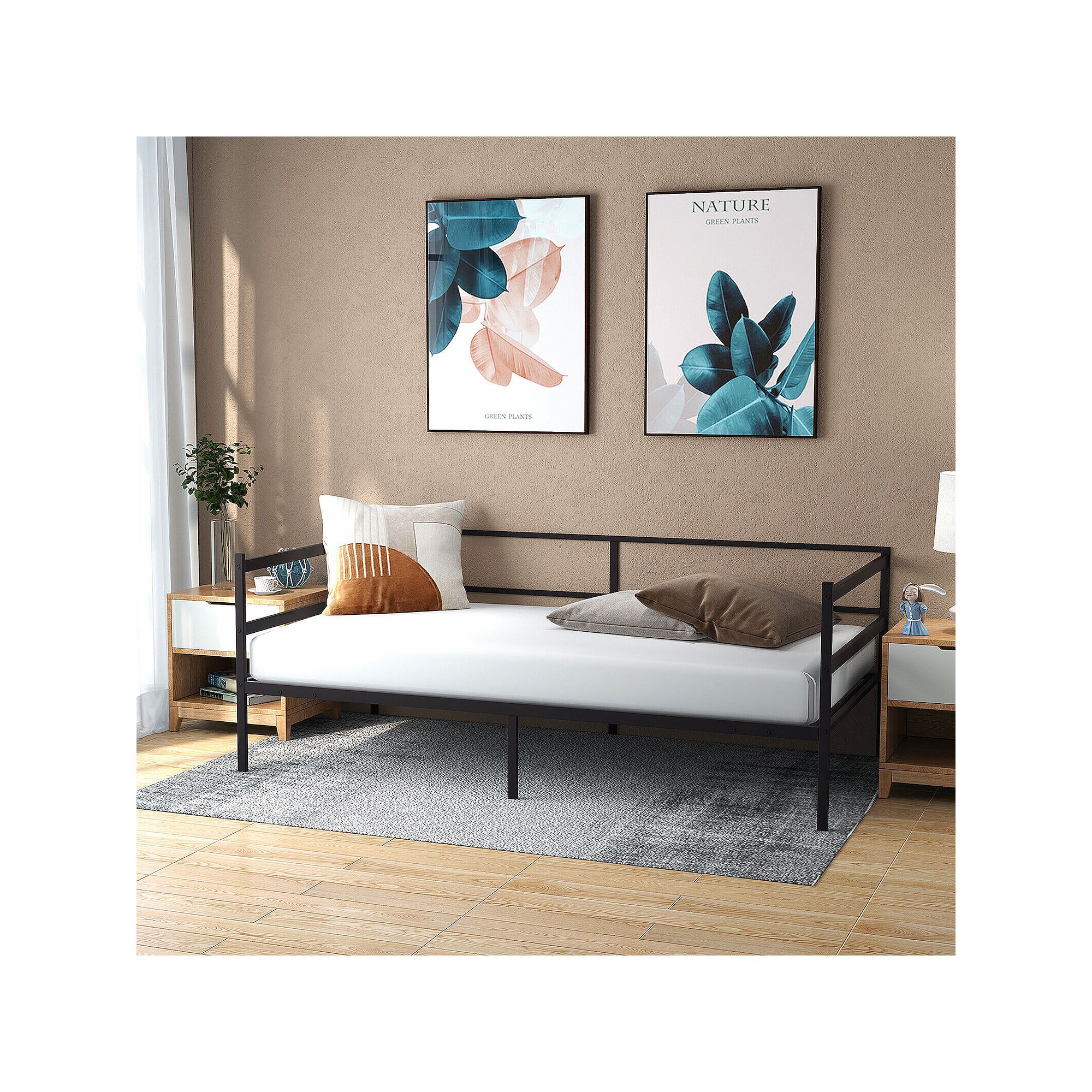 Black metal daybed/sofa bed frame with slat support and side rails