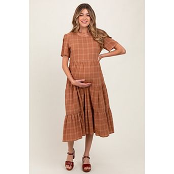 Maternity Plaid Tiered Short Sleeve Dress