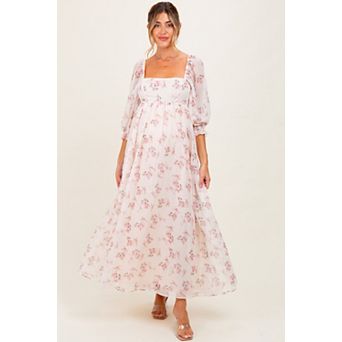Maternity Pink Floral Chiffon Long Sleeve Maxi Dress