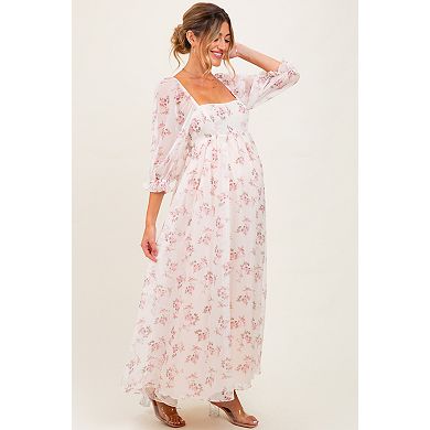 Maternity Pink Floral Chiffon Long Sleeve Maxi Dress