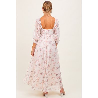 Maternity Pink Floral Chiffon Long Sleeve Maxi Dress