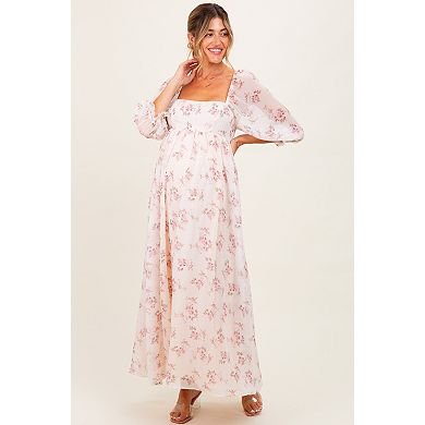 Maternity Pink Floral Chiffon Long Sleeve Maxi Dress