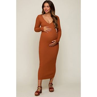 Maternity V-Neck Long Sleeve Fitted Maxi Dress