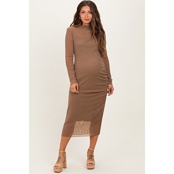 Maternity Shimmer Mesh Long Sleeve Ruched Maternity Midi Dress