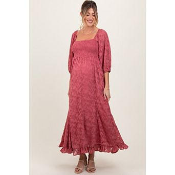 Maternity Textured Overlay Smocked Ruffled Hem Maxi Dress