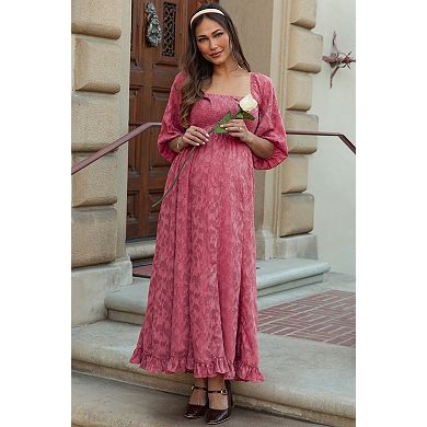 Maternity Textured Overlay Smocked Ruffled Hem Maxi Dress