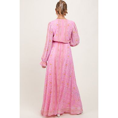 Maternity Paisley Deep V-Neck Long Sleeve Maxi Dress
