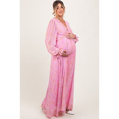 Maternity Paisley Deep V-Neck Long Sleeve Maxi Dress
