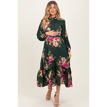 Maternity Green Floral Long Sleeve Midi Dress