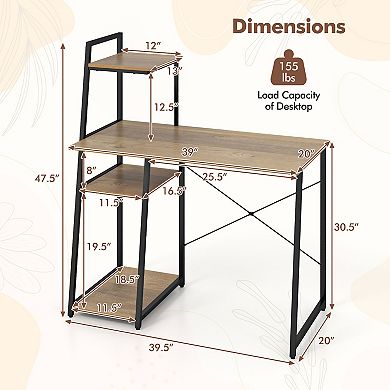 Gymax Home Office Desk Computer Desk w/ Bookshelf Host Stand Metal Frame Study Writing Desk