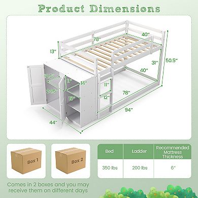 Gymax Bunk Bed Wood Frame Storage Shelves Ladder Guardrails Kids