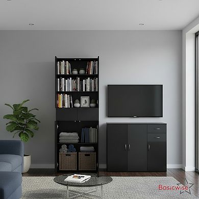 Basicwise 2-Piece Black Buffet Table with Drawers & Tall Cabinet with Adjustable Shelves