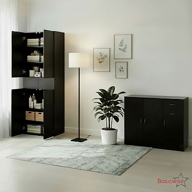 Basicwise 2-Piece Black Buffet Table with Drawers & Tall Cabinet with Adjustable Shelves