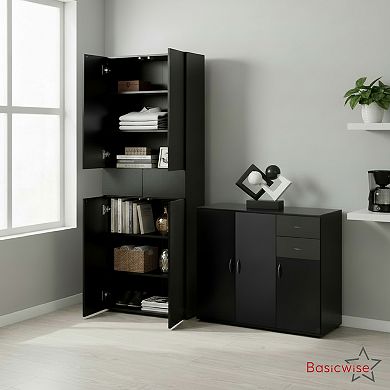 Basicwise 2-Piece Black Buffet Table with Drawers & Tall Cabinet with Adjustable Shelves